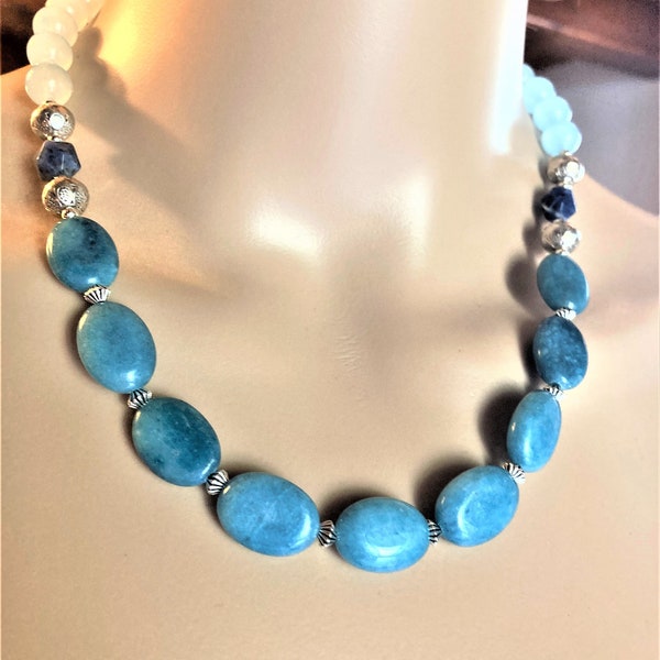 Aigue marine, agate, collier pierres fines 48cm femme