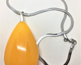 Pendentif ambre jaune grosse goutte collier chaîne 46 cm femme homme