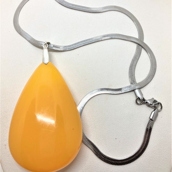 Pendentif ambre jaune grosse goutte collier chaîne 46 cm femme homme