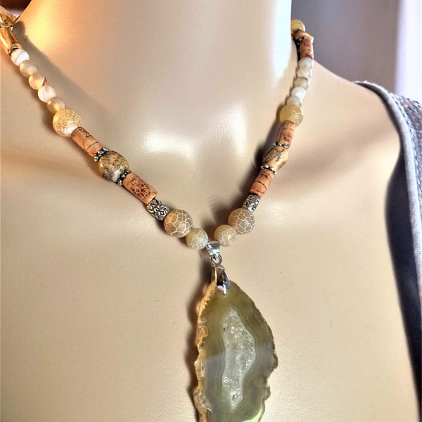 Pendentif Tranche D'agate Naturelle - Collier Bleu Gris Orange Marbré - Vintage - Occasion