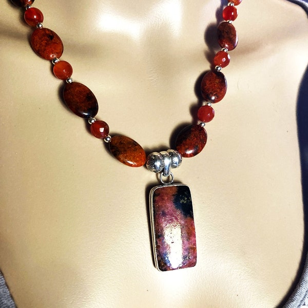 Agate jaspée, pendentif rhodonite marbrée marron/rosé/noir collier 48 cm bijou femme