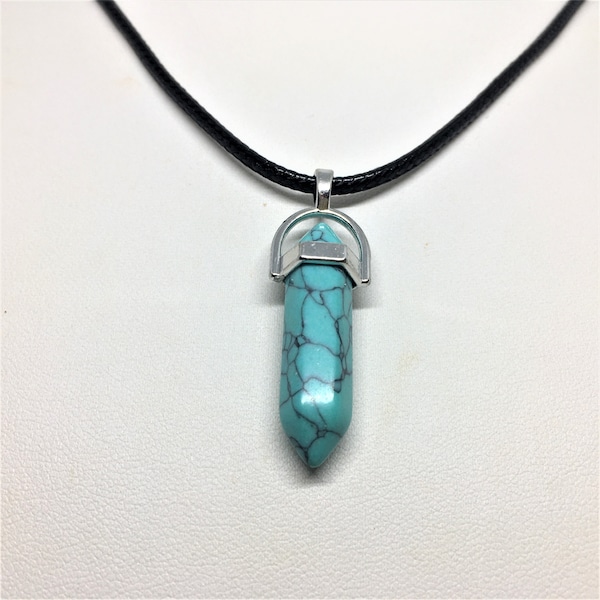 Turquoise Pendentif pointe collier chaîne argent plaqué 925 ou cordon noir 45/50cm Homme femme