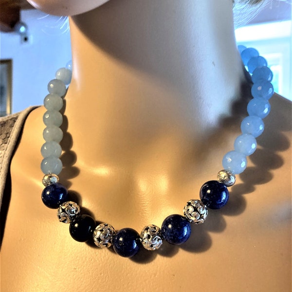 Lapis lazuli aigue marine superbe collier 45 cm, lapis lazuli de 14mm aigue marine facetté de 12mm femme