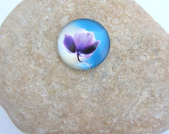 Glass cabochon, illustrated, round 25mm, purple flower blue, to stick