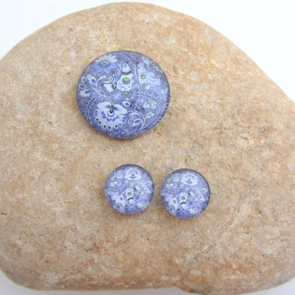 Cabochons ronds 25 mm 12mm, en verre, illustré fleurs violets, à coller