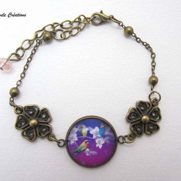 Bracelet  bronze avec cabochon en verre oiseaux