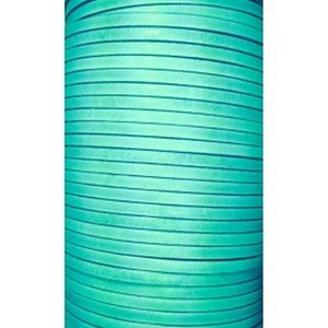 May include: A roll of turquoise leather strips, tightly wound. The strips are a solid color with a slightly textured appearance. The roll is cylindrical and takes up most of the frame.