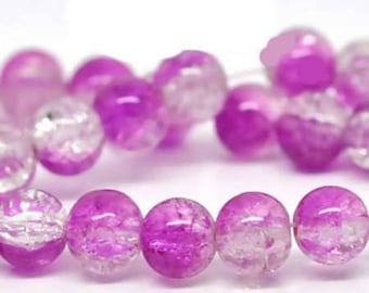 Set of 10 round glass beads 8mm, pink and transparent, cracked beads