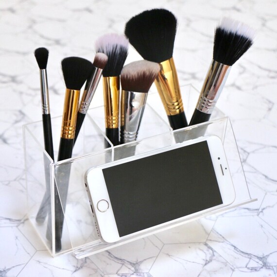 Acrylic Makeup Brush Storage With Phone Stand Etsy