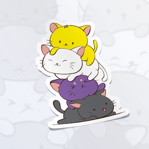 May include: A stack of four cartoon cats, each with a different color fur. The bottom cat is black, the next is purple, the next is white, and the top cat is yellow.