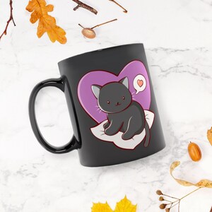 Kawaii Black Cat Mug - Cute Kitten with Purple Heart Cute Coffee Mug, House Warming Gifts For Cat Moms and Cat Dads