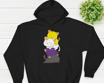 Sudadera con capucha Kawaii de gato del orgullo no binario / Ropa Kawaii con estética anime de gatitos lindos para personas no binarias - Sudadera sutil del orgullo LGBTQ de género no binario