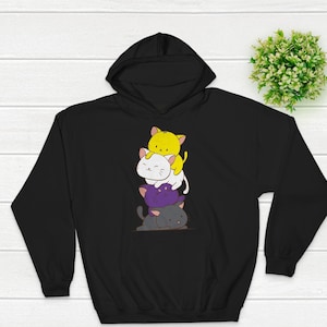 Nonbinary Pride Cat Kawaii Hoodie / Cute Kittens Anime Aesthetic Kawaii Clothing for Enby - LGBTQ Non Binary Gender Subtle Pride Sweatshirt