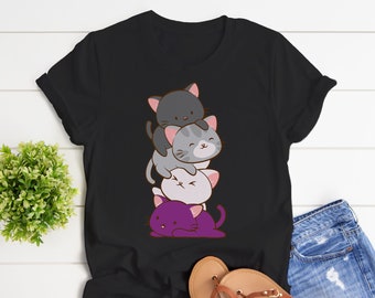 Kawaii Clothing - Cute Cat Shirt / Asexual Pride Flag Kitten Anime Graphic Tee Shirt for Ace, Demisexual and Queer