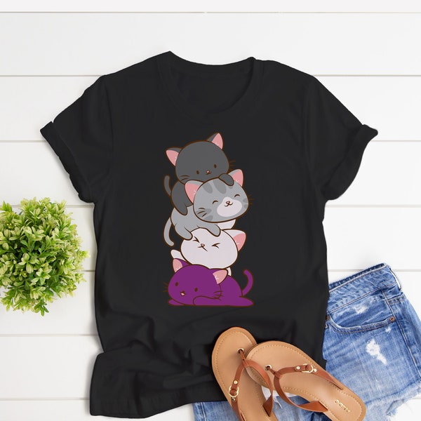 Kawaii Clothing - Cute Cat Shirt / Asexual Pride Flag Kitten Anime Graphic Tee Shirt for Ace, Demisexual and Queer