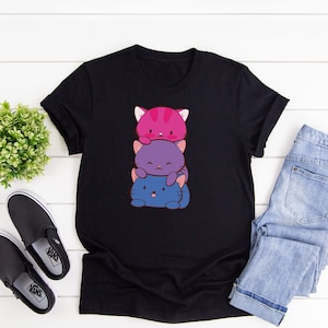 Bi Pride Kawaii Clothing - Unisex T shirt / Bisexual Pride Plus Size Kawaii Cat Shirt for Crazy Cat Lady and Cat Dad