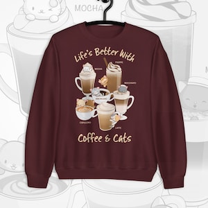 Life's Better With Coffee & Cats Cute Anime Kawaii Clothing / Harajuku Aesthetic Coffee Cat Sweater - Crew Neck Sweatshirt, Pullover Hoodie