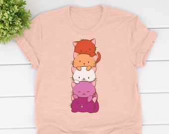 Nuova bandiera dell'orgoglio lesbico con pile di gatti e abbigliamento kawaii - Maglietta estetica Harajuku per la gattara pazza e la mamma di gatti