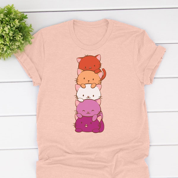 New Lesbian Pride Flag Cat Pile Kawaii Clothing - Harajuku Aesthetic T Shirt for Les Crazy Cat Lady and Cat Mom