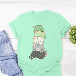 Cute Cats Kawaii Clothing Aromantic Pride T Shirt / Harajuku Aesthetic Clothing Aro Ace Cat Dad and Mom Gift image 1