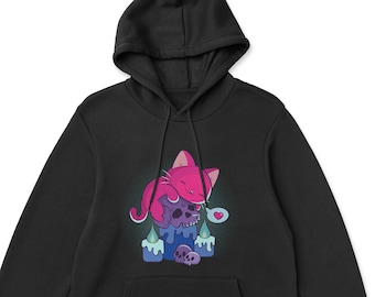 Sudadera con capucha kawaii con diseño de gato sobre una calavera, ideal para el orgullo bisexual. Ropa LGBTQ con estética gótica kawaii y orgullo bisexual para amantes de los gatos.