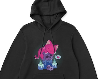 Cute Cat on Skull Subtle Bisexual Pride Kawaii Hoodie, LGBTQ Bi Pride Kawaii Goth Aesthetic Clothing for Cat Lovers