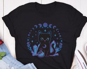 Crystal Alchemy Black Cat Kawaii Clothing, Cute Witchy Cat Kawaii Goth Shirt, Witchcore Aesthetic Graphic Tees