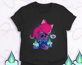 Creepy Cute Cat on Skulls Subtle Pride Bisexual Shirt, Bi Pride Soft Goth Aesthetic Kawaii Clothing for Closeted LGBT Cat Mom