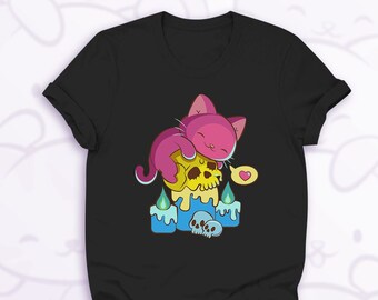 Chemise pansexuelle anime chat sur des têtes de mort, vêtements kawaii discrets de fierté de Pan, chemise de fierté subtile esthétique goth pastel pour femmes et adolescents