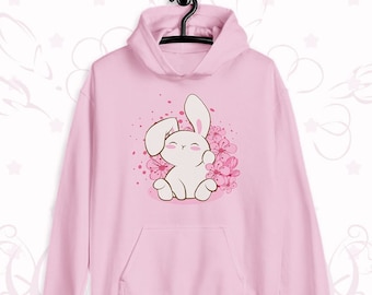 Cute Bunny Pastel Kawaii Hoodie, Pink Floral Year of the Rabbit Kawaii Clothing, Babycore Aesthetic Harajuku Sweater for Rabbit Lovers