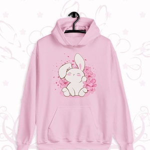 Cute Bunny Pastel Kawaii Hoodie, Pink Floral Year of the Rabbit Kawaii Clothing, Babycore Aesthetic Harajuku Sweater for Rabbit Lovers