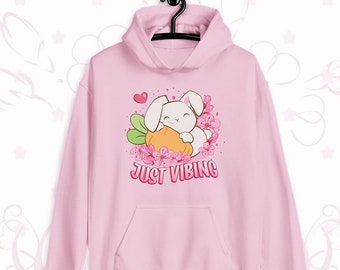 Just Vibing Bunny Kawaii Hoodie, Year of the Rabbit Kawaii Clothing, Babycore Aesthetic Harajuku Sweater, Cute Rabbit Sweatshirt