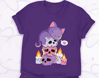 Purple Cat on Skulls Anime Pastel Goth Shirt for Halloween, Cute Aesthetic Alt Fashion Kawaii Clothing for Women and Teen Girls