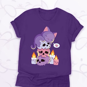 Purple Cat on Skulls Anime Pastel Goth Shirt for Halloween, Cute Aesthetic Alt Fashion Kawaii Clothing for Women and Teen Girls