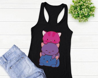 Kawaii Cats Bi Pride Racer back Tank Top - Cute Anime Aesthetic Graphic Kawaii Clothing / LGBTQ Bisexual Pride Tank Top for Women