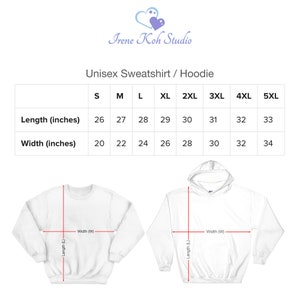 Puede incluir: Tabla de tallas para sudaderas y sudaderas con capucha unisex, que muestra las medidas en pulgadas para la longitud y el ancho. Las tallas van de la S a la 5XL.
