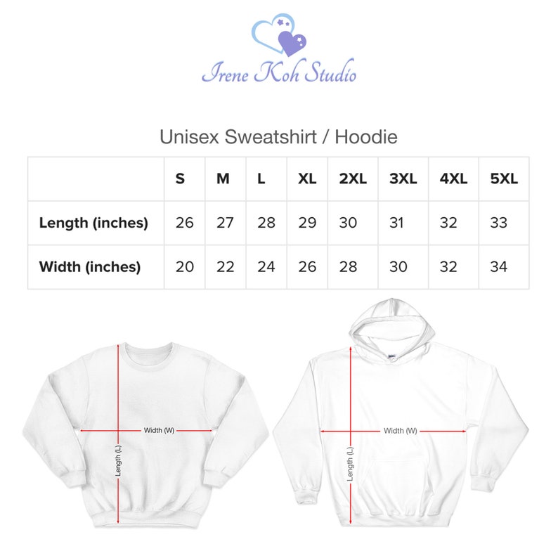 Puede incluir: Tabla de tallas para sudaderas y sudaderas con capucha unisex, que muestra las medidas en pulgadas para la longitud y el ancho. Las tallas van de la S a la 5XL.