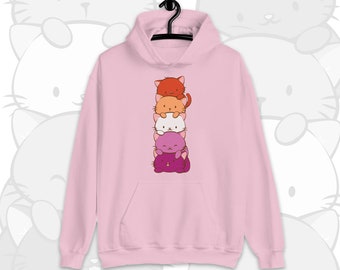 Sudadera con capucha de anime con la bandera del orgullo lésbico, gato kawaii, ropa kawaii linda, sudadera LGBT kawaii, regalo lésbico para novia o esposa.