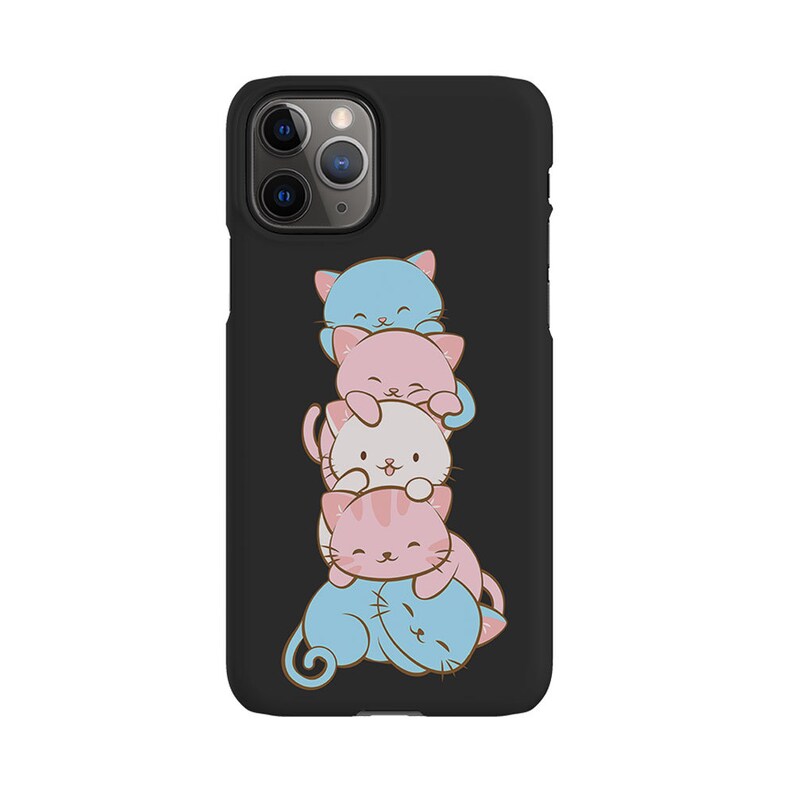 May include: A black iPhone case featuring a stack of four cartoon cats. The cats are blue, pink, white, and pink. The cats are stacked on top of each other and are smiling.