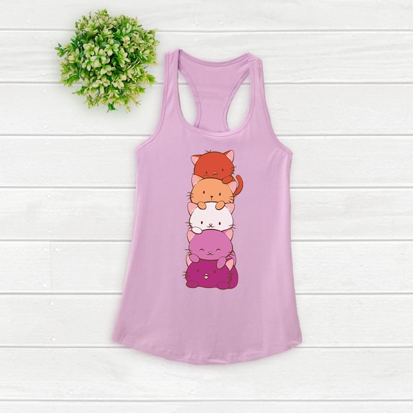 Cute Cat Art Lesbian Pride Tank Top - Womens Racerback / LGBT Aesthetic Kawaii Clothing - Lesbian Flag Pride Shirt for Girlfriend