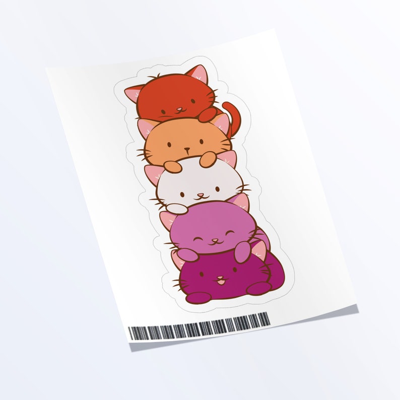 May include: A sticker featuring five cartoon cats stacked on top of each other. The cats are in a rainbow color scheme, starting with red, orange, white, pink, and purple.