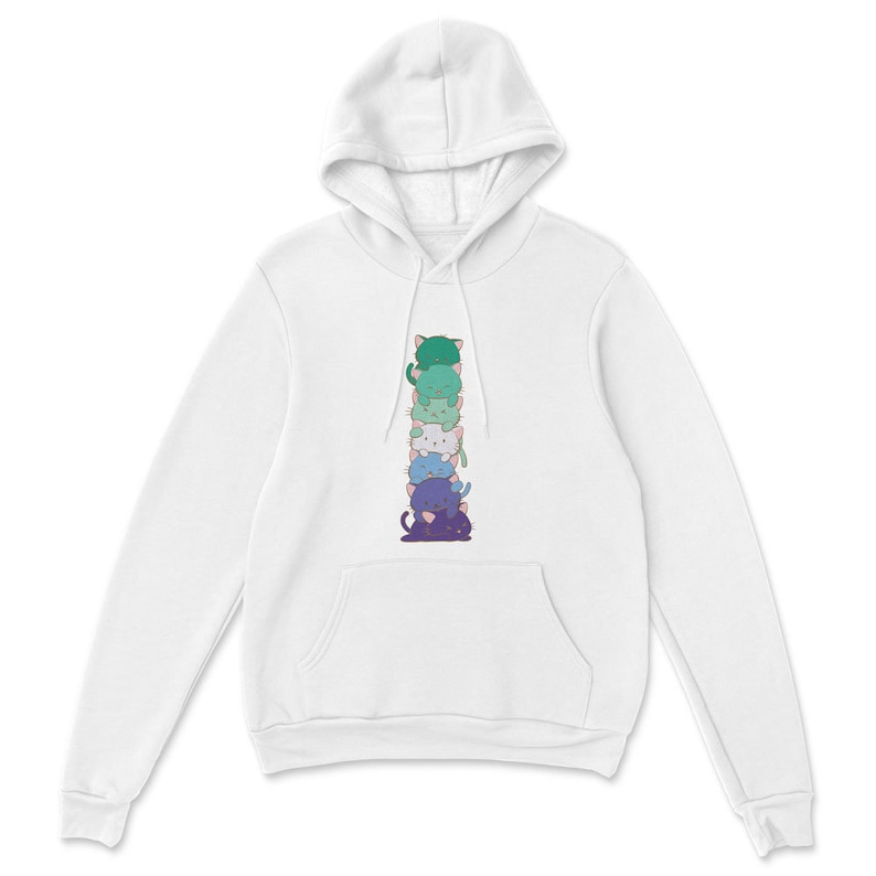 K&ouml;nnte beinhalten: Wei&szlig;er Kapuzenpullover mit einem Stapel von f&uuml;nf Cartoon-Katzen in verschiedenen Farben, darunter Gr&uuml;n, Blau und Lila.
