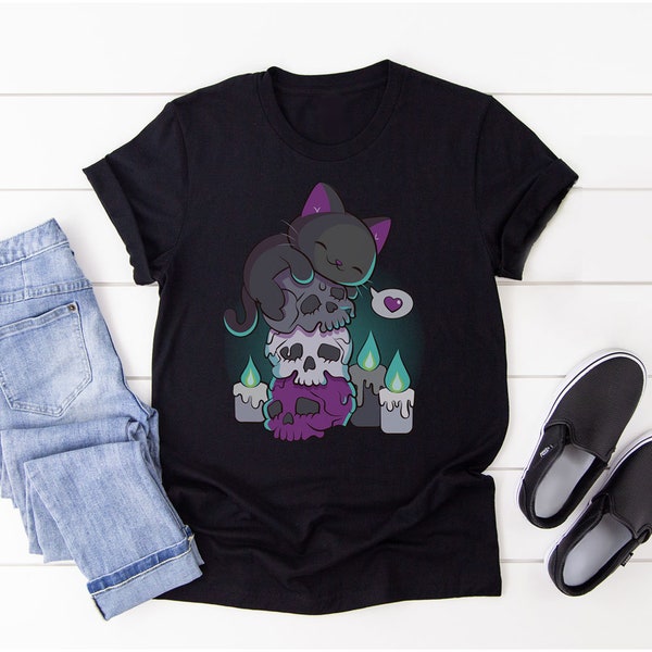 Schwarze Katze auf Schädel Asexual Shirt, gruseliges süßes Kawaii Goth T-Shirt, LGBT Ace Pride Kawaii Kleidung, Mode Grafik T-Shirt für Mädchen und Frauen