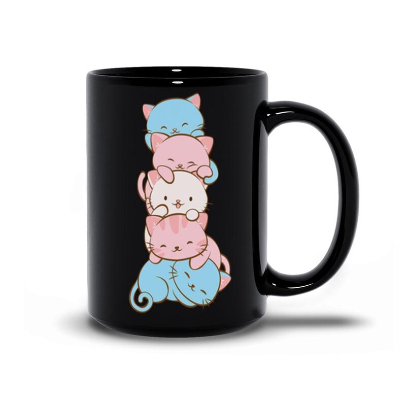 Transgender Pride Flag Kawaii Cats Cute Coffee Mug - Black 15 oz