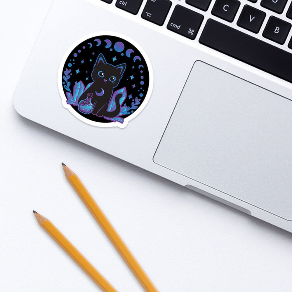 Crystal Alchemy Witchy Black Cat Sticker, Cute Witch Cat and Moon Phase ...
