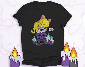 Cute Cat on Skulls Subtle Nonbinary Shirt, Discreet LGBTQ Non Binary Pride Kawaii Clothing for Closeted Enby, Queer Pride Kawaii Shirt