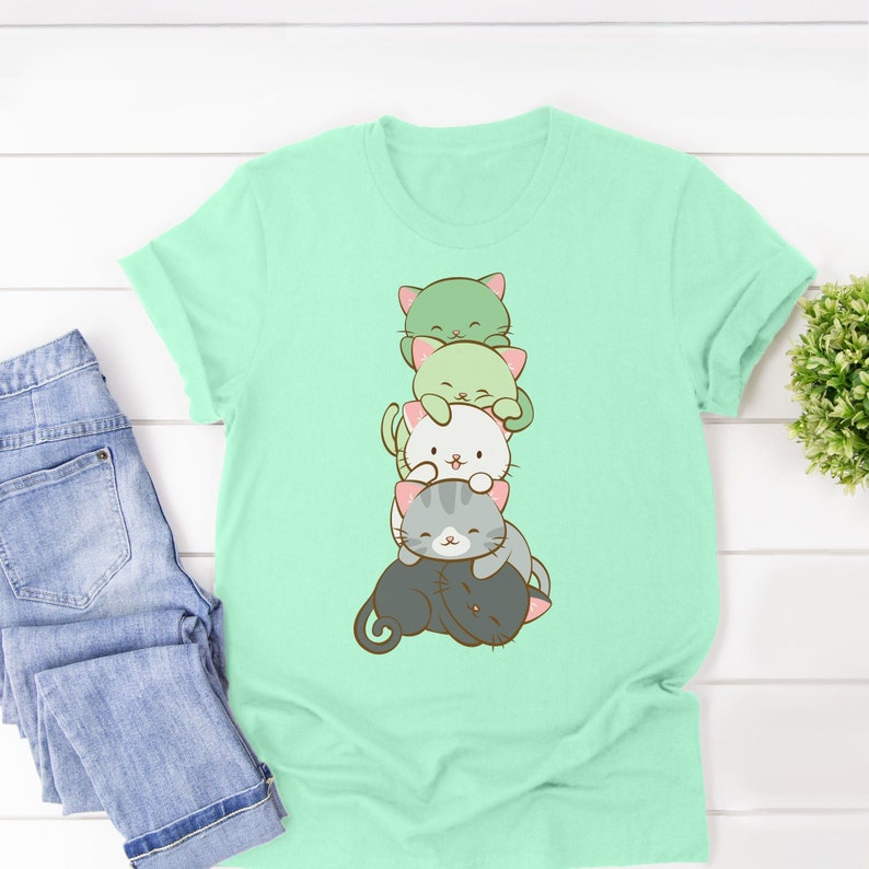 Cute Cats Kawaii Clothing Aromantic Pride T Shirt / Harajuku Aesthetic Clothing Aro Ace Cat Dad and Mom Gift image 1