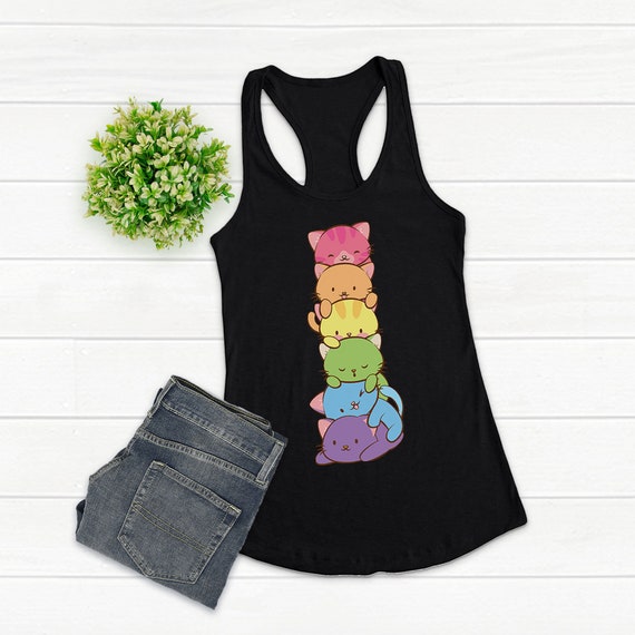Kawaii Cats Gay Pride Flag Racer back Tank Top - Cute Anime Aesthetic Graphic Kawaii Clothing / LGBTQ Pride Flag Neko Tank Top for Women