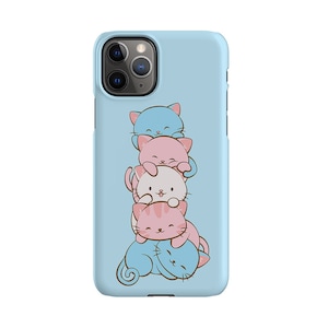 May include: A light blue phone case featuring a stack of four cartoon cats. The cats are in different colours and poses, with the top cat being blue, the second cat being pink, the third cat being white, and the bottom cat being pink. All the cats are looking at the viewer.