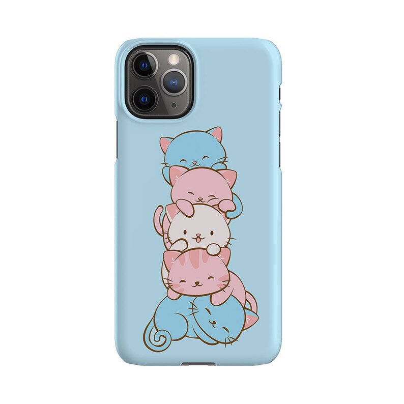 May include: A light blue phone case featuring a stack of four cartoon cats. The cats are in different colours and poses, with the top cat being blue, the second cat being pink, the third cat being white, and the bottom cat being pink. All the cats are looking at the viewer.